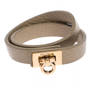Salvatore Ferragamo Gancini Beige Leather Gold Tone Double Wrap Bracelet 