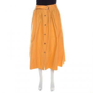 Salvatore Ferragamo Orange Cotton Gathered Belted Midi Skirt M