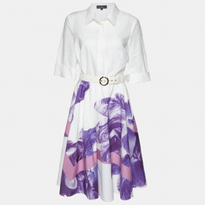 Salvatore Ferragamo Purple/White Printed Cotton Belted Midi Dress M