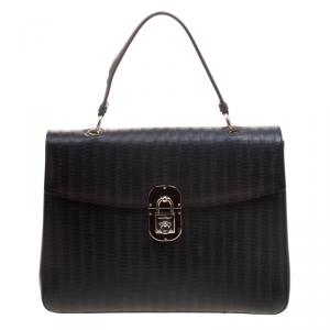 Pre Owned Salvatore Ferragamo Black Embossed Leather Top Handle Bag