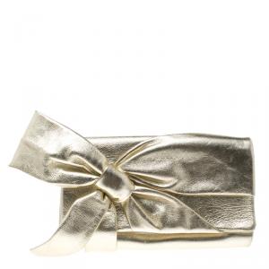 Pre Owned Valentino Metallic Gold Leather Bow Clutch