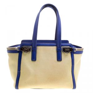 Pre Owned Salvatore Ferragamo Beige/Blue Canvas and leather Verve Tote