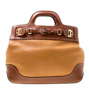 Pre Owned Salvatore Ferragamo Brown Two Tone Leather W Top Handle Bag