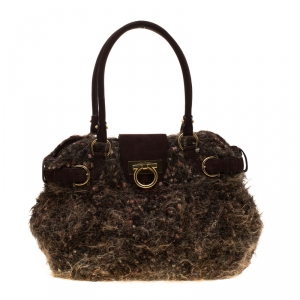 مملوكة مسبقًا Salvatore Ferragamo Brown Metallic Wool Marisa Satchel