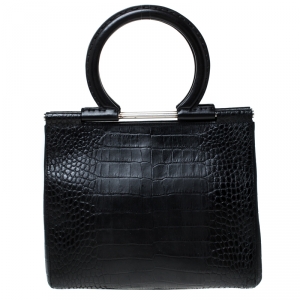 Pre Owned Salvatore Ferragamo Black Croc Embossed Frame Bag