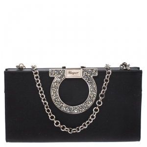 Pre Owned Salvatore Ferragamo Black Satin Musa Evening Chain Clutch