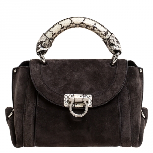 Pre Owned Salvatore Ferragamo Dark Brown Suede and Snakeskin Sofia Top Handle Bag
