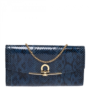 Pre Owned Salvatore Ferragamo Blue Python Chain Clutch