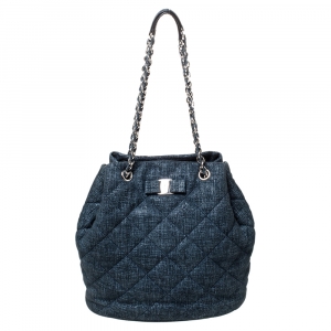 Pre Owned Salvatore Ferragamo Navy Blue Quilted Nubuck Leather Genny Bucket Bag
