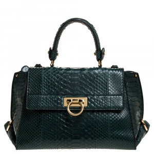Pre Owned Salvatore Ferragamo Green Python Sofia Top Handle Bag