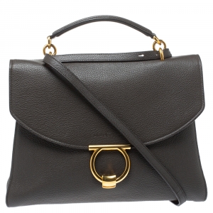 Pre Owned Salvatore Ferragamo Dark Brown Leather Gancini Top Handle Bag