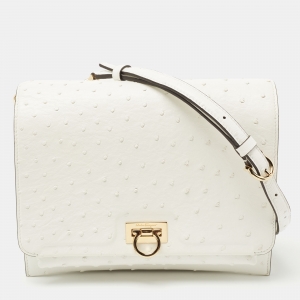 Pre Owned Salvatore Ferragamo White Ostrich Gancini Flap Shoulder Bag