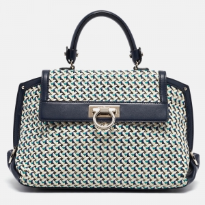 Pre Owned Salvatore Ferragamo Navy Blue/Multicolor Woven Leather Sofia Top Handle Bag