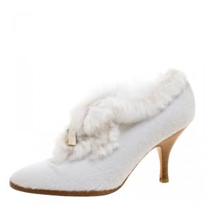 Pre Owned Salvatore Ferragamo White Calf Hair Pointed Toe Fur Trimmed Ankle Boots Size 36