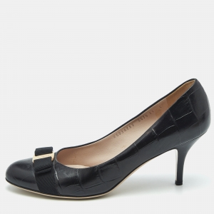 Salvatore Ferragamo Black Croc Embossed Leather Vara Bow Pumps Size 41.5