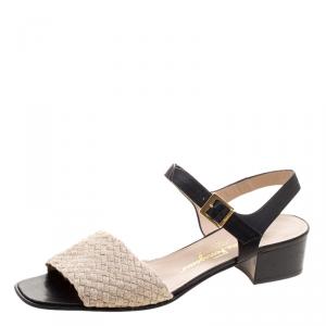 Salvatore Ferragamo Beige/Black Jute and Leather Ankle Strap Sandals Size 41