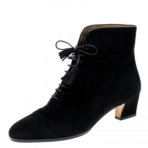Pre Owned Salvatore Ferragamo Black Suede Lace Up Tassel Ankle Boots Size 38.5