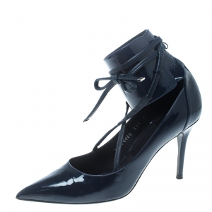 Pre Owned Salvatore Ferragamo Blue Patent Leather Ankle Strap Pointed Toe Pumps Size 38.5