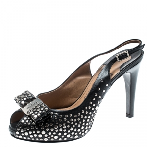 Salvatore Ferragamo Black Studded Leather Louvre Scilla Bow Slingback Platform Sandals Size 37