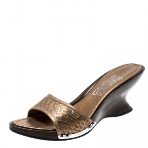 Salvatore Ferragamo Metallic Gold Python Leather Open Toe Wedge Slides Size 38.5