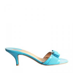 Pre Owned Salvatore Ferragamo Blue Patent Bow Sandals Size 37