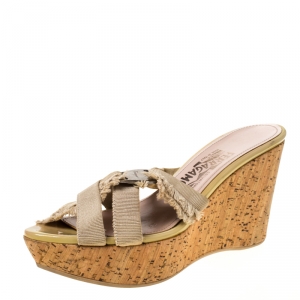 Salvatore Ferragamo Beige Nylon Buckle Strappy Cork Wedge Platform Sandals Size 38.5