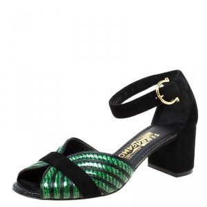 Salvatore Ferragamo Green Lizard Embossed Leather And Black Suede Ankle Strap Block Heel Sandals Size 37.5