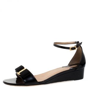 Salvatore Ferragamo Black Patent Margot Vara Bow Ankle Strap Wedge Sandals Size 37.5