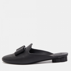 Salvatore Ferragamo Black Leather Vara Bow Mule Slides Size 36.5