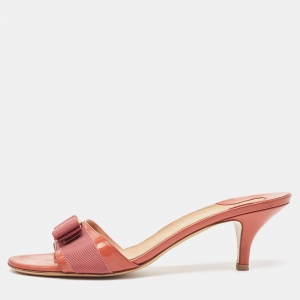 Salvatore Ferragamo Orange Patent Leather Bow Slide Sandals Size 37.5