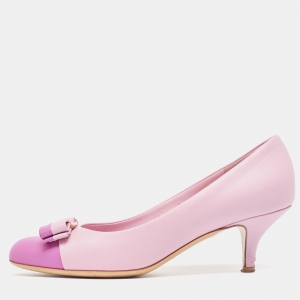 Salvatore Ferragamo Pink Leather Vara Bow Pumps Size 37.5
