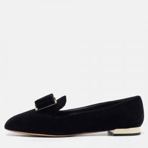 Pre Owned Salvatore Ferragamo Black Velvet Viva Bow Ballet Flats Size 39.5