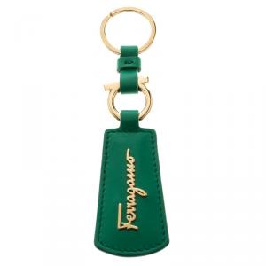 Salvatore Ferragamo Green Leather Gold Tone Key Ring