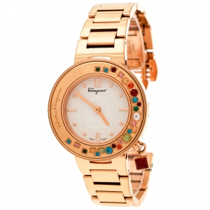 Salvatore Ferragamo White Rose Gold Plated Steel Gancino FF5 Women's Wristwatch 36 mm