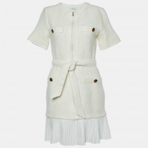 Sandro Off White Tweed Pleated Hem & Belted Mini Dress S