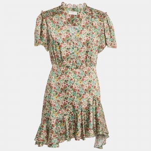 Sandro Cream Floral Print Crepe Ruffled Mini Dress L