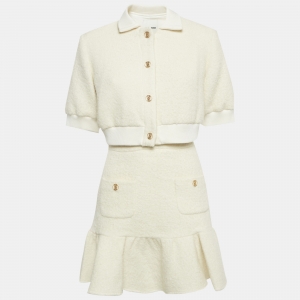 Pre Owned Sandro Ecru Tweed Crop Jacket and Mini Skirt Set S