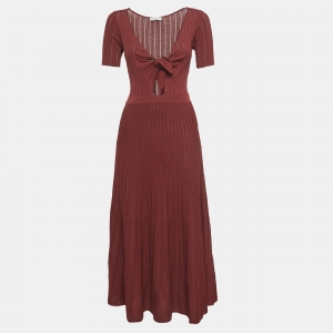Sandro Burgundy Perforated Knit Knot Detail Midi Dress XS