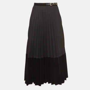 Sandro Black Twill & Velvet Pleated Midi Skirt M