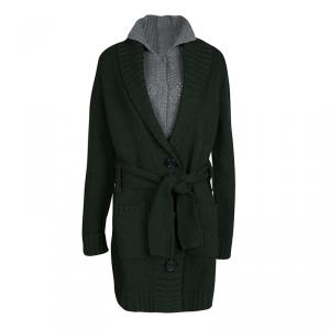 See By Chloe Olive Green and Grey Faux Layer Belted Long Cardigan M