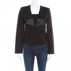 See by Chloe Black Textured Cotton Satin Faux Lapel Collarless Blazer S