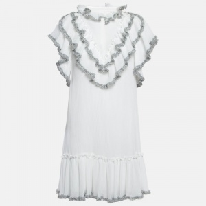 Pre Owned See by Chloe White Pleated Chiffon Ruffled Short Dress M
