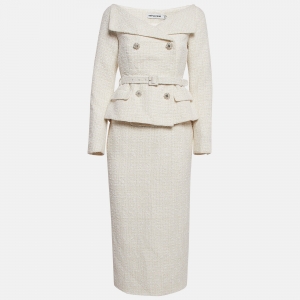 Self-Portrait Cream Boucle Off-Shoulder Midi Dress S