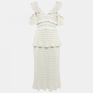 Self-Portrait White Monochrome Stripe Chiffon Midi Dress M