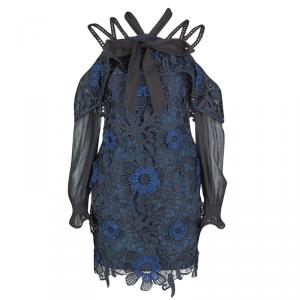Self Portrait Navy Blue and Black Floral Guipure Lace Off Shoulder Dress S
