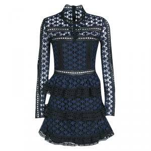 Self Portrait Navy Blue and Black Star Pattern Lace High Neck Tiered Dress M