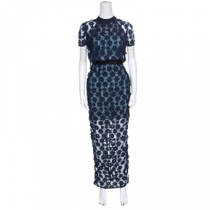 Self Portrait Navy Blue Floral Applique Lace 60's Overlay Maxi Dress S