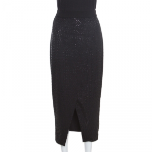 Self Portrait Black Sequined Wrap Front Midi Skirt M