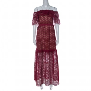 Self Portrait Red Lace Off Shoulder Frill Cutwork Dress S