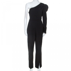Self-Portrait Black Crepe Crystal Embellished One Shoulder Jumpsuit M